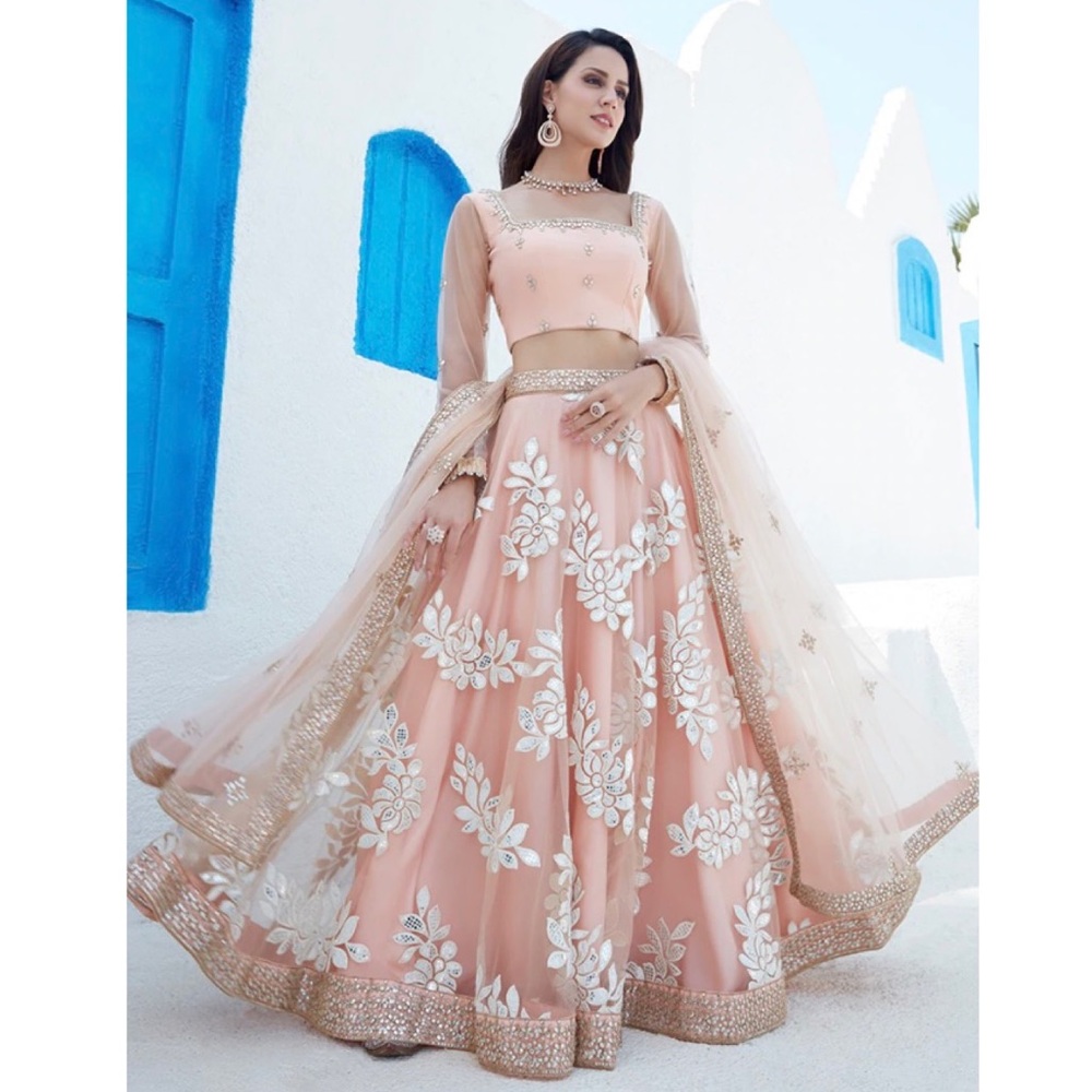 Peach Mirror Embroidered Net Lehenga Choli